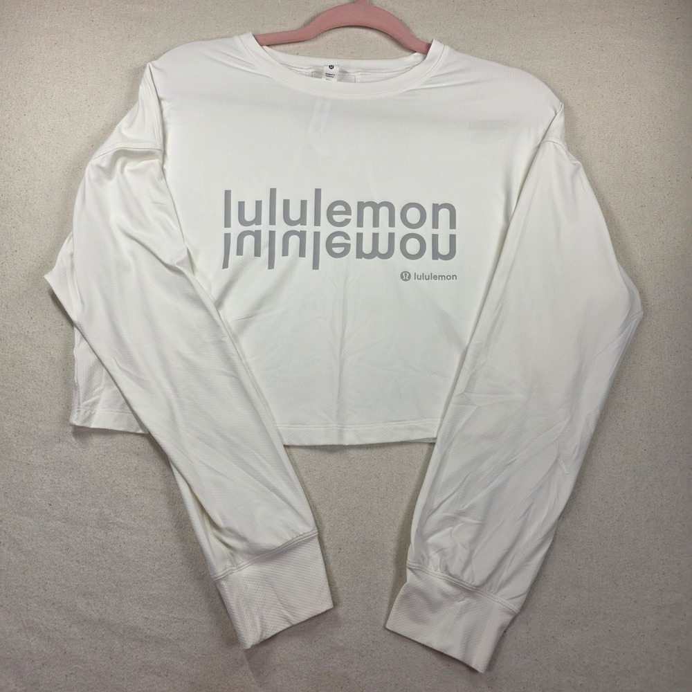 Lululemon White Muscle Love Long Sleeve Crop Top Mirrored Logo Graphic Size 4
